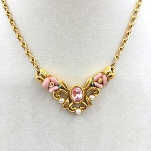 Victorian Style Gold and Pink Floral Necklace